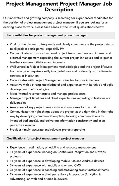 Project Management Project Manager Job Description Velvet Jobs
