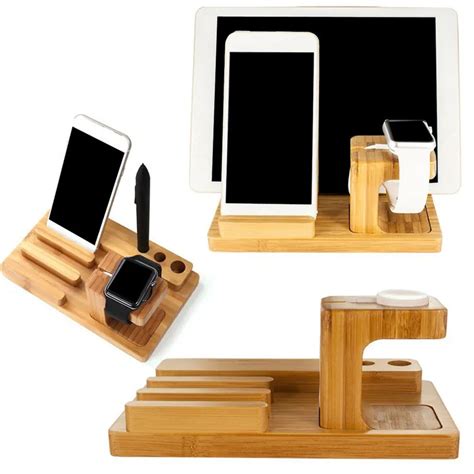 Natural Multifunction Desk Stand Wood Bamboo Mobile Phone Holder For