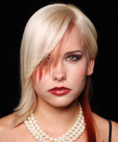 Long Straight Light Blonde And Red Two Tone Hairstyle With Side Swept Bangs