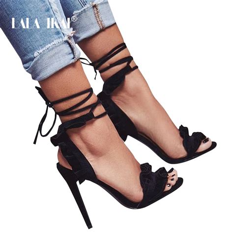 Lala Ikai Gladiator Sandals Women High Heels Sexy Party Shoes Ankle Strap Ruffles Thin Heel