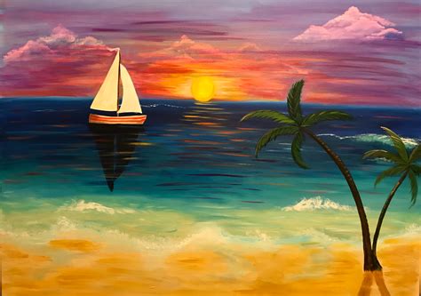 Beach At Sunset Acrylic Painting On Stretched Canvas Sunset Painting