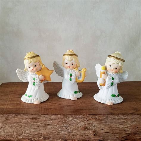Porcelain Angel Figurines Set Of 3 Blond Angels Vintage Bisque