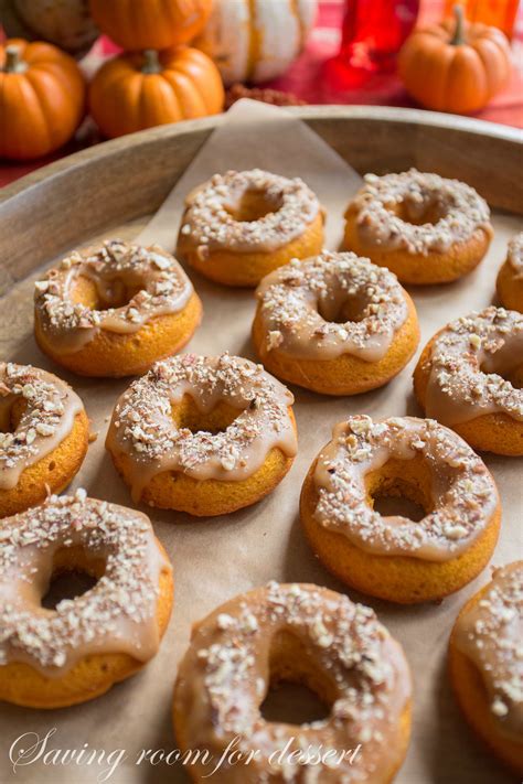 Pumpkin Doughnuts With Caramel Icing And Toasted Pecans Saving Room For