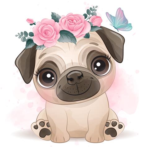 Cute Pug Clipart With Watercolor Illustration