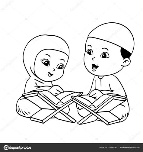 Muslim Kids Learnig Quran Hand Drawn Coloring Book Isolated White