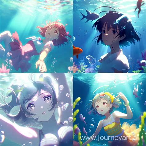 Anime Girl Underwater In Bright Sunshine Serene Aquatic Scene In