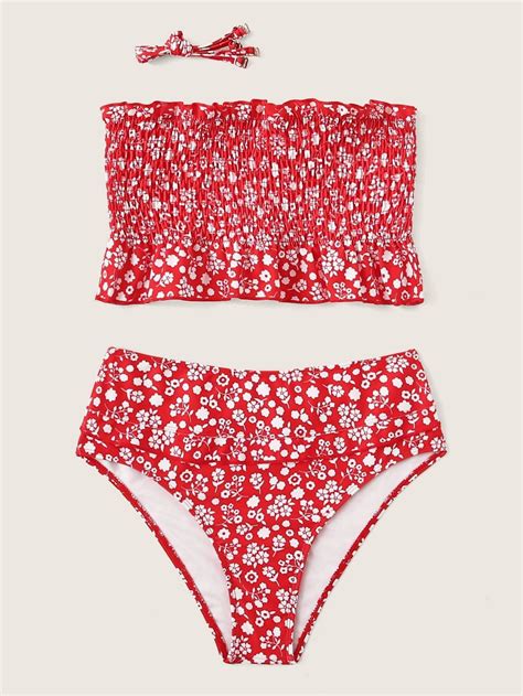 Red Floral Smocked Bandeau Swimsuit Top With High Waist Bikini Bottom