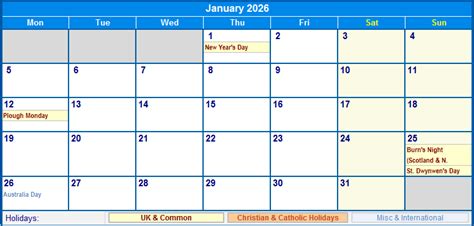 January 2026 Uk Calendar With Holidays For Printing Image Format