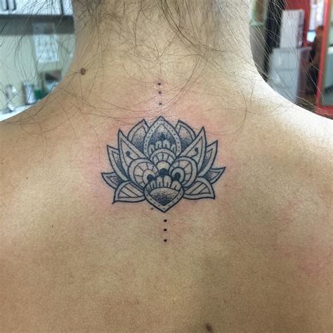 Cool Dotwork Mandala Flower Tattoo On Girl Back Neck Goluputtar