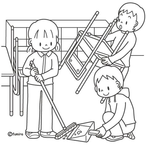 教室の掃除をする男の子とクラスメイトのイラスト（ぬりえ）