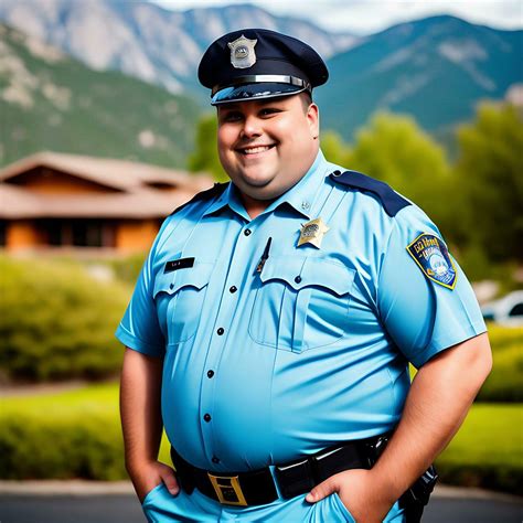 Obese Police Officer With Blue Uniform Smiling On Mountainous