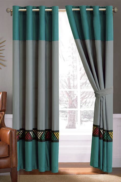 This bedroom is composed of black, tan, grey and white. 4-Pc Chic Southwest Triangle Embroidery Curtain Set Gray ...