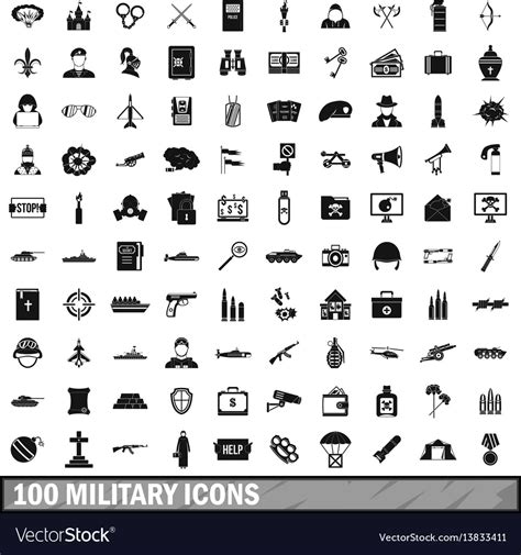 100 Military Icons Set Simple Style Royalty Free Vector