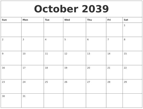 October 2039 Print Out Calendar
