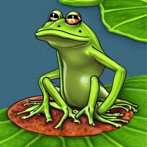 Cartoon Frog Sitting On Lily Pad Cute Digital Art Stable Diffusion
