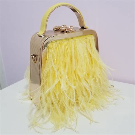 Women Real Ostrich Feathers Bag Yellow Green Evening Bag Banquet Party