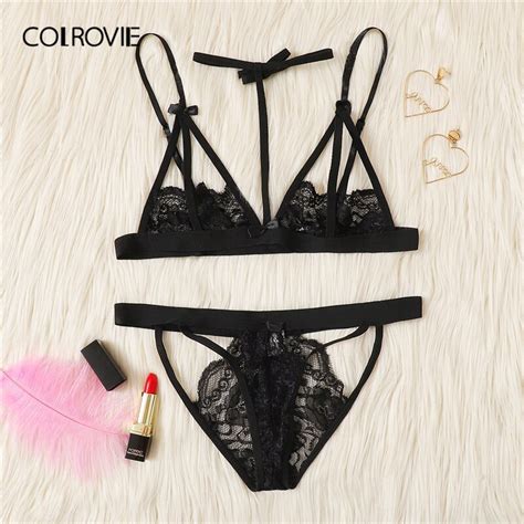 Colrovie Black Harness Cut Out Lace Sexy Intimates Women Lingerie Set