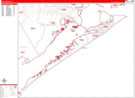 Galveston Texas Zip Code Wall Map Red Line Style By Marketmaps