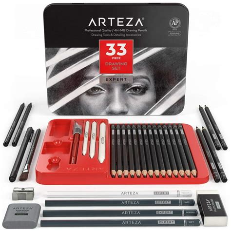 Arteza Professional Drawing Pencils Set Graphite Charcoal Blenders