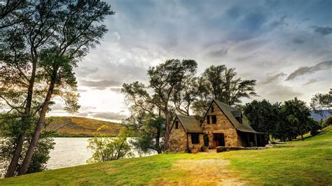 New Zealand Queenstown Cabin Lake And Trees Hd Nature