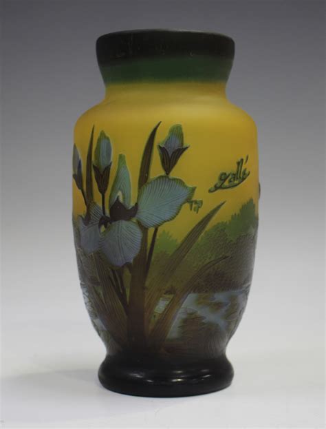 A Gallé Type Cameo Style Glass Vase Modern The Frosted Yellow Body Decorated With Iris Flower