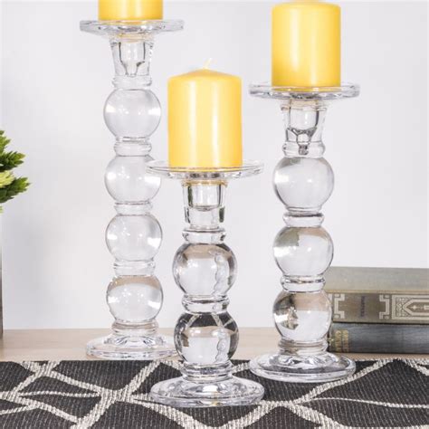 Set Of 3 Glass Bubble Link Pillar Taper Candlesticks For Dinner Table