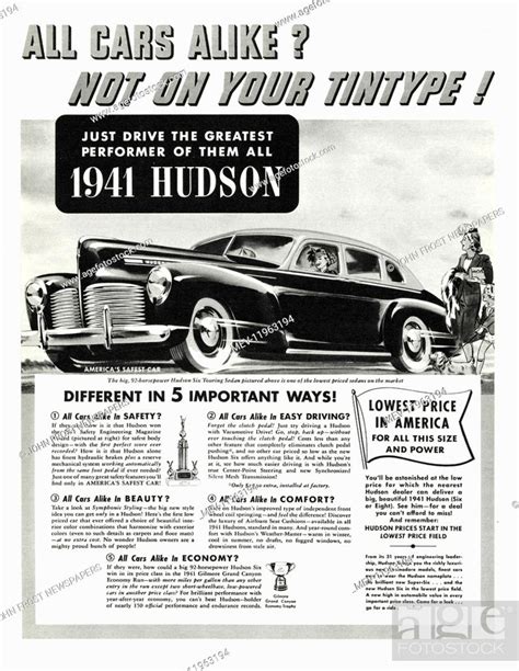1941 Us Magazine Hudson Cars Advert Stock Photo Picture And Rights