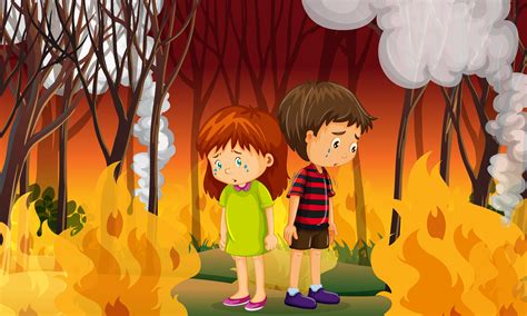 Bomberos de dibujos animados que estan extinguiendo incendios con. Niños tristes en el bosque de incendios forestales ...