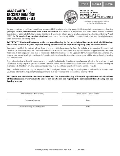 Illinois Aggravated Dui Reckless Homicide Information Sheet Fill Out