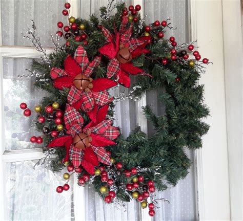 Christmas Wreath Plaid Poinsettias Holiday Wreath Front Door Wreath