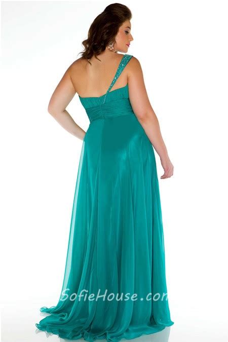 A Line One Shoulder Long Turquoise Chiffon Beaded Plus Size Evening