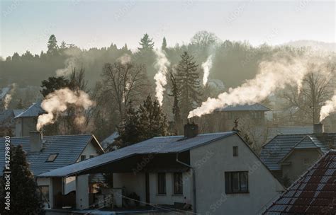 Smoking Chimney Smoke Pollution Small House Town In Europe Stock Photo