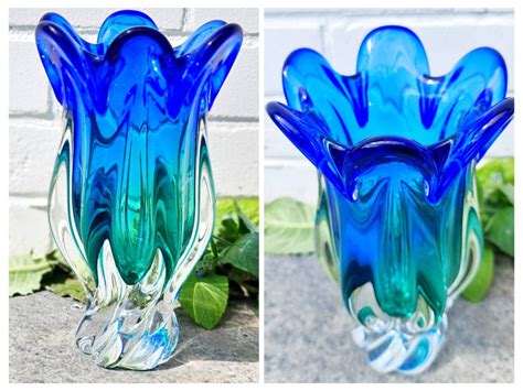 Vintage Murano Vase Hand Blown Art Glass Vase Blue Green Etsy