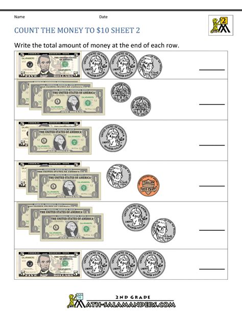 Our collection of first grade money worksheets will challenge your child with tricky math problems using one of life's most valuable items: Printable Money Worksheets to $10