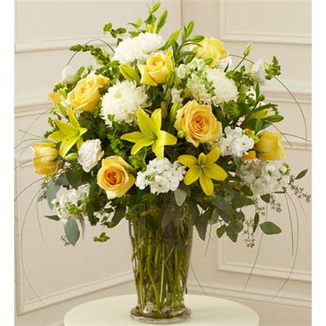 At conroy's flowers fresno, we take pride in our work and want nothing more than to help with all your floral needs. Yellow and White Large Sympathy Vase Arrangement Elegant ...