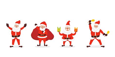 Set Character Funny Santa Claus Isolated For Christmas Cards Banners