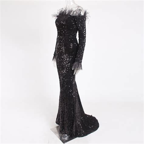 Victoriasvogue 2021 Black Feather Patchwork Sequined Maxi Dress Slash