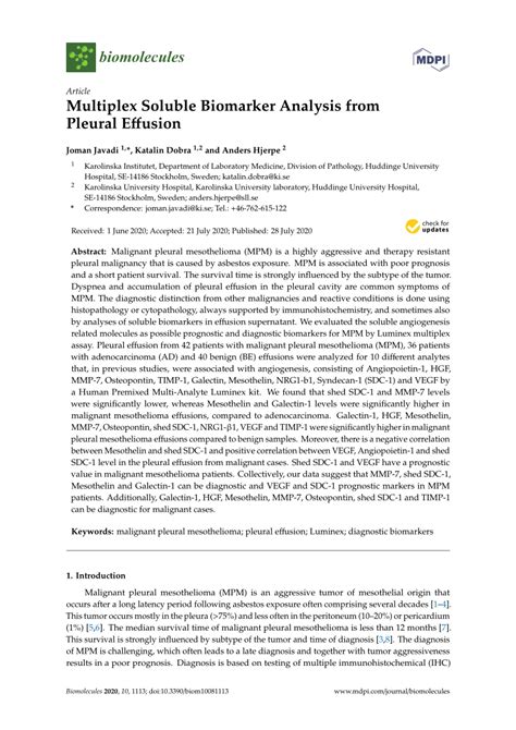 Fish to distinguish malignant mesothelioma from reactive mesothelial cells in effusions had 79 serum biomarkers. (PDF) Multiplex Soluble Biomarker Analysis from Pleural ...