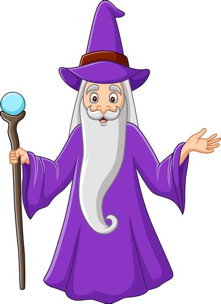 Cartoon Old Wizard Holding Magic Stick Premium Vector