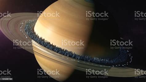 Planet Saturn In Outer Space City Located Along The Rings Of Saturn The