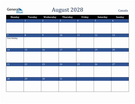 August 2028 Canada Holiday Calendar