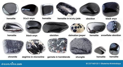 Set Of Various Polished Black Stones With Names Stock Image Image Of