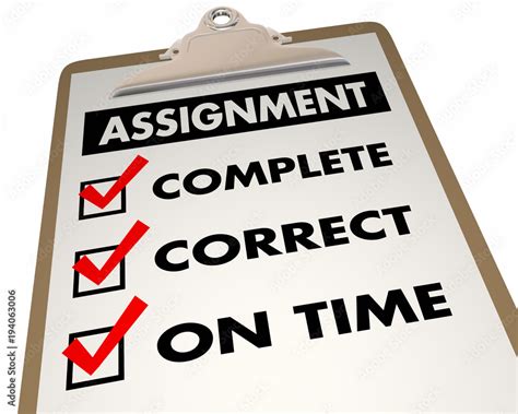 ภาพประกอบสต็อก Assignment Checklist Complete Correct On Time 3d
