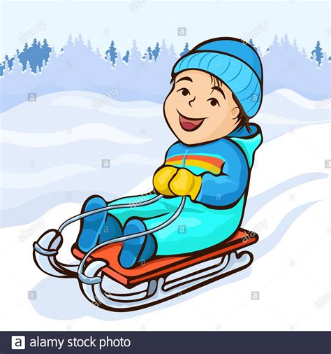 Boy Sledding Cartoon Character Hand Drawing Winter Kids Fun Cute