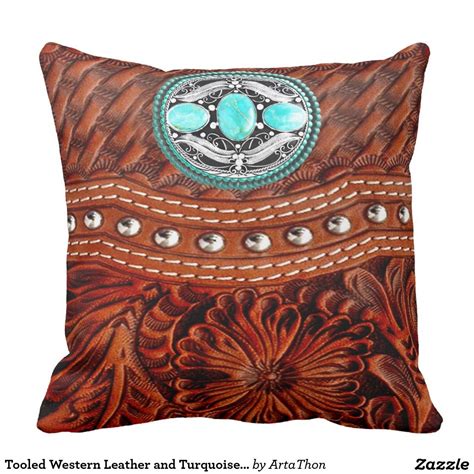 Tooled Western Leather And Turquoise Medallion Throw Pillow Western