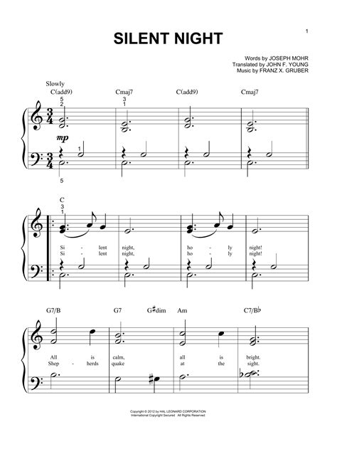 Franz Gruber Silent Night Piano Big Notes