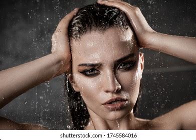 Wet Beautiful Brunette Shower Naked Bust Stock Photo
