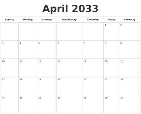April 2033 Calendars Free