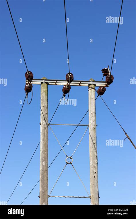 Electricity Pole With Overhead Cables Uk Stock Photo Alamy