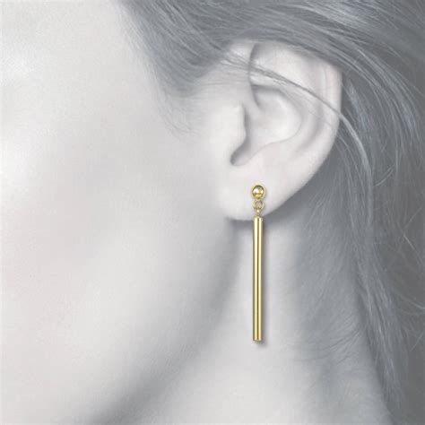 K Solid Yellow Gold Bar Dangle Earrings Polished Vertical Hanging Drop
